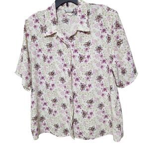 Classic Collection Shirt 1X White Floral Hidden Buttons Lightweight